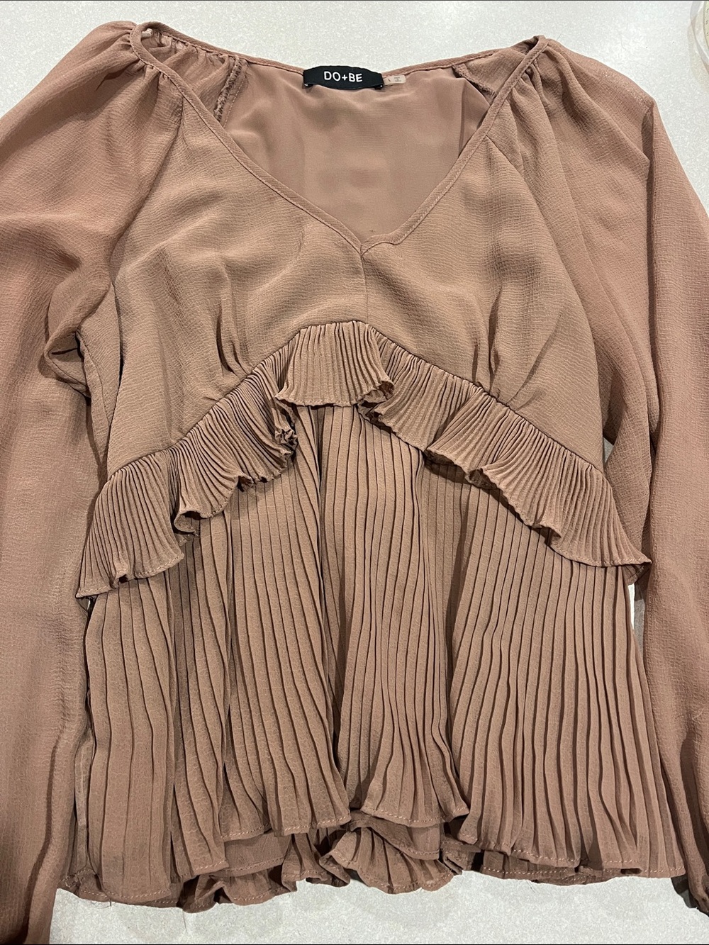 DO+BE Mauve Taupe Pleated Ruffle V-Neck Blouse